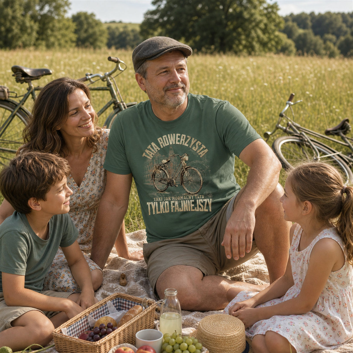 Koszulka Tata Rowerzysta Vintage w kolorze zielonym - tata z rodziną na pikniku przy rowerach, prezent na Dzień Ojca
