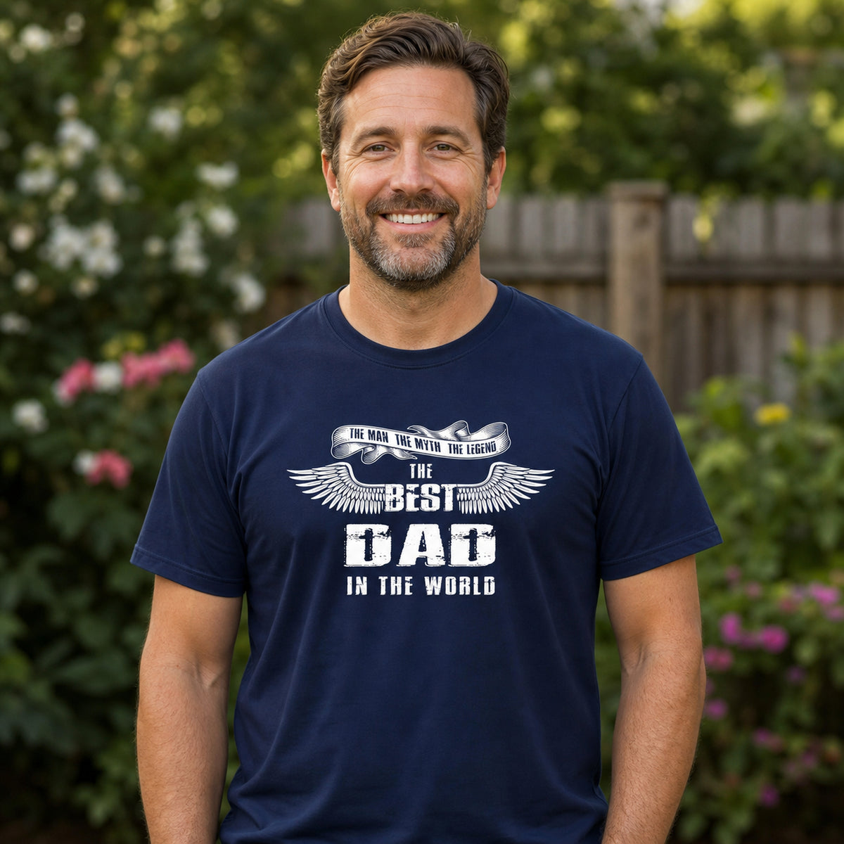 The Best Dad in the World wings t-shirt in navy - dad in a flower garden, gift for dad