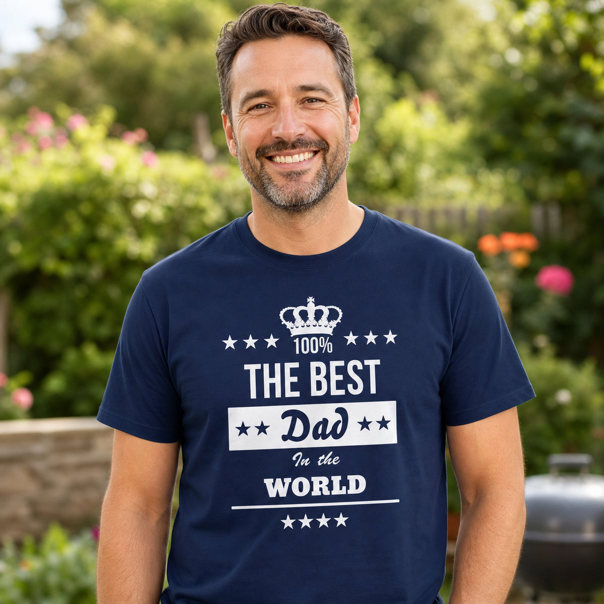The Best Dad in the World t-shirt in navy - dad in the garden by the barbecue, gift for dad