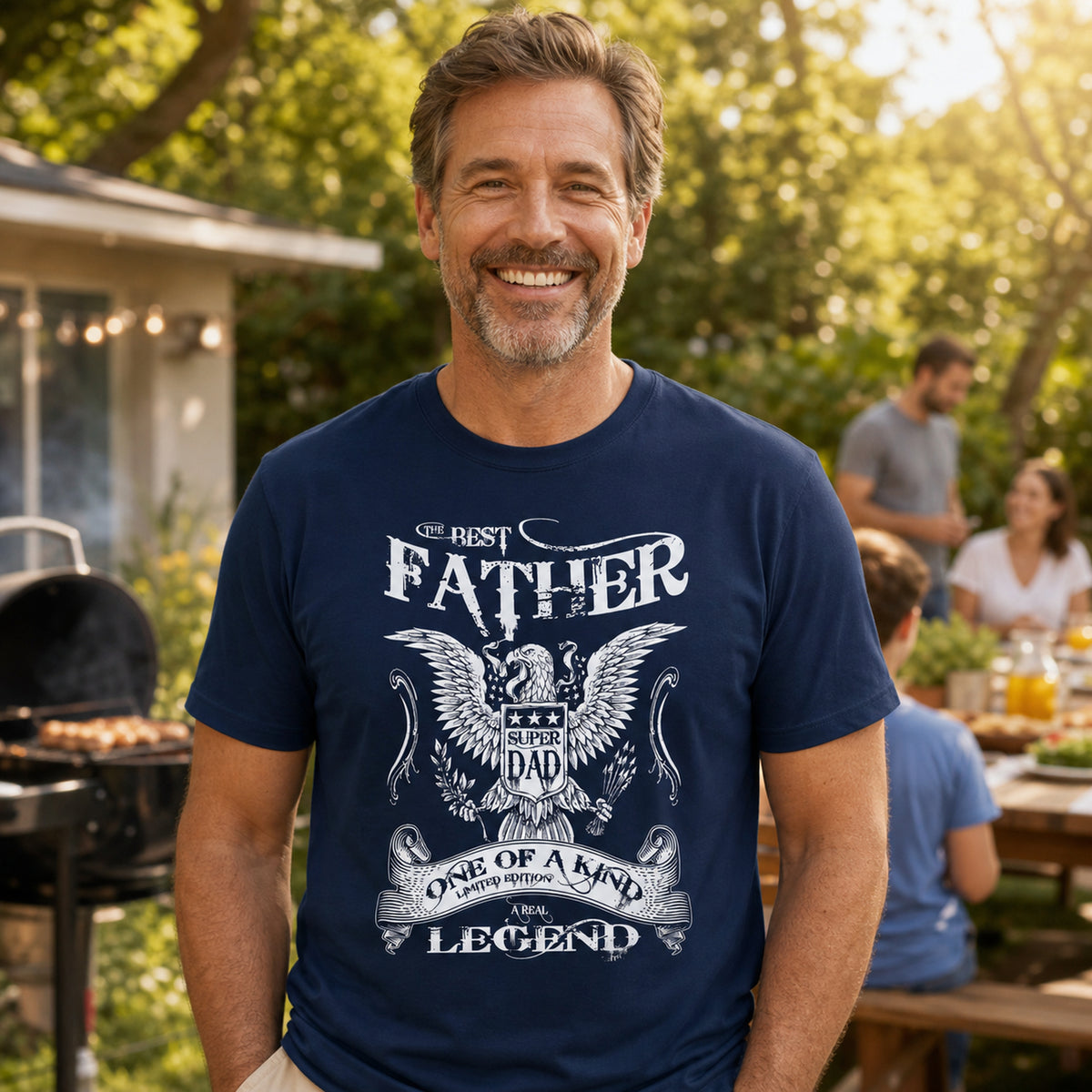 The Best Father Super Dad eagle t-shirt in navy - dad at a family barbecue, gift for dad
