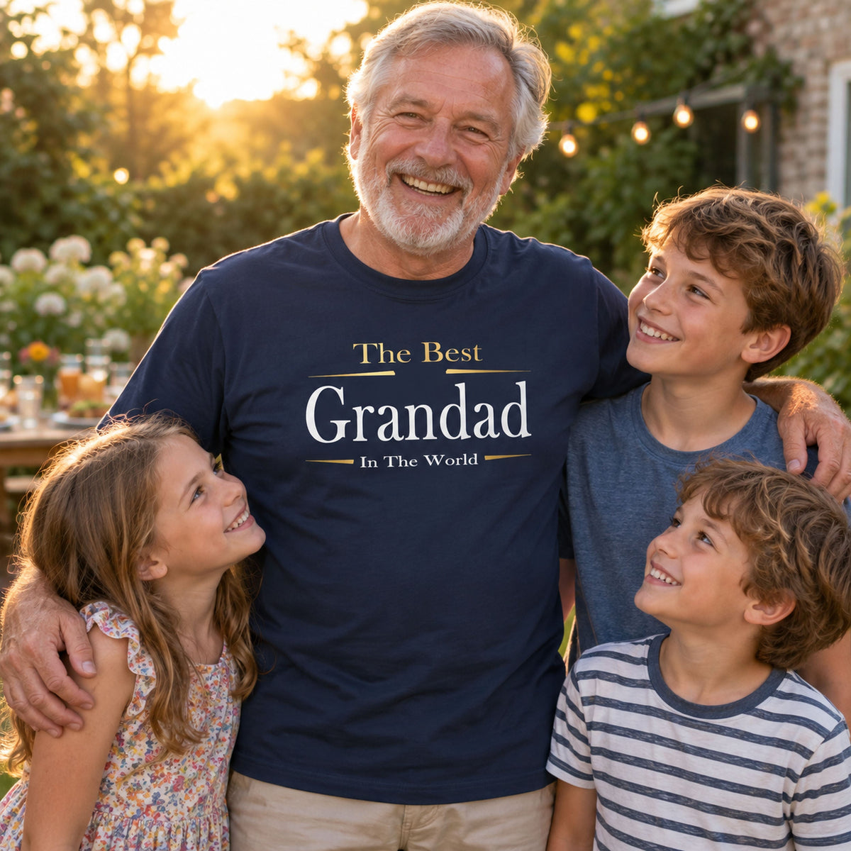 Grandad in a navy The Best Grandad In The World Exclusive t-shirt with three grandkids in the garden at golden hour