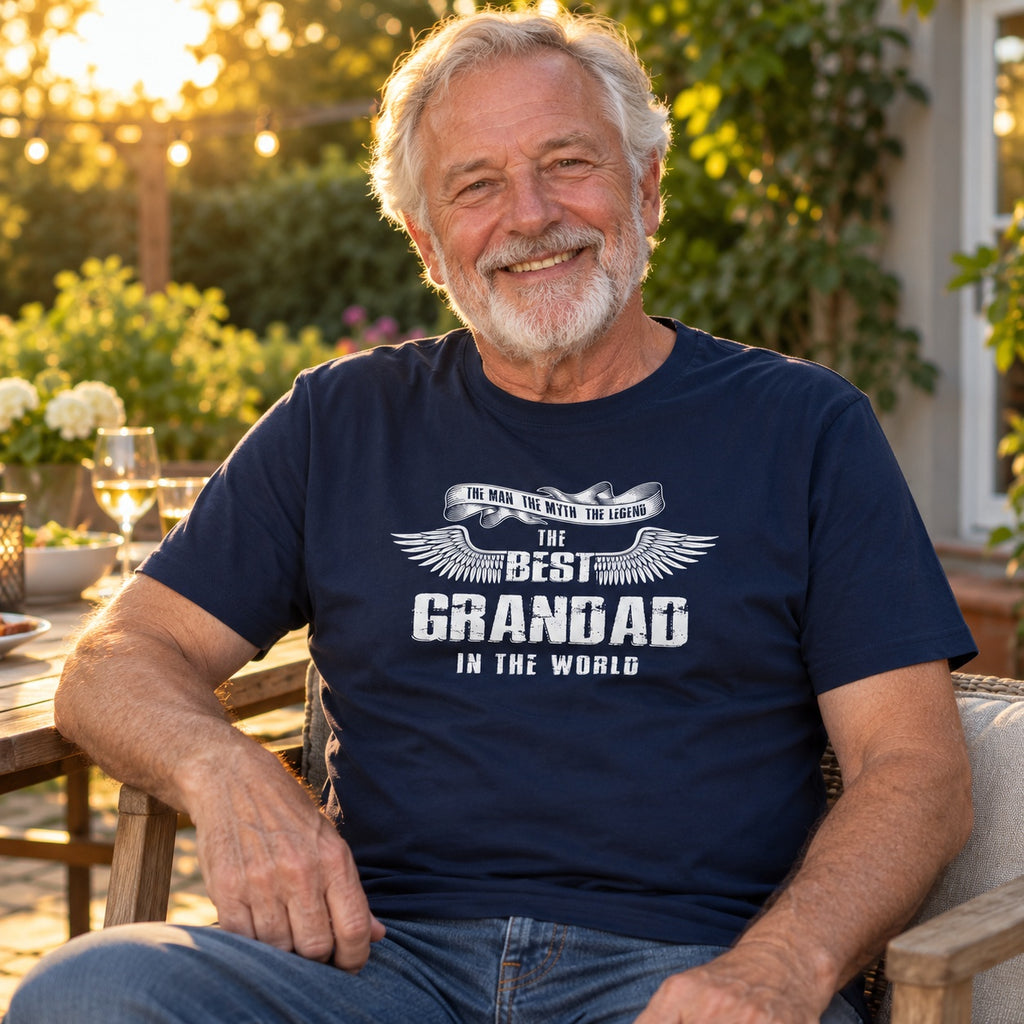 The Best Grandad In The World wings T-shirt in navy - grandad relaxing at an evening garden party with friends, gift for grandad