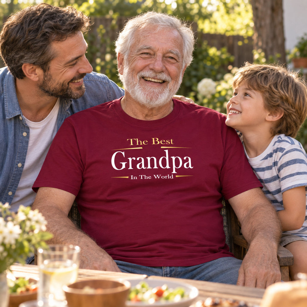 Grandpa in a burgundy The Best Grandpa In The World Exclusive t-shirt at a garden table with his son and grandson, family gift