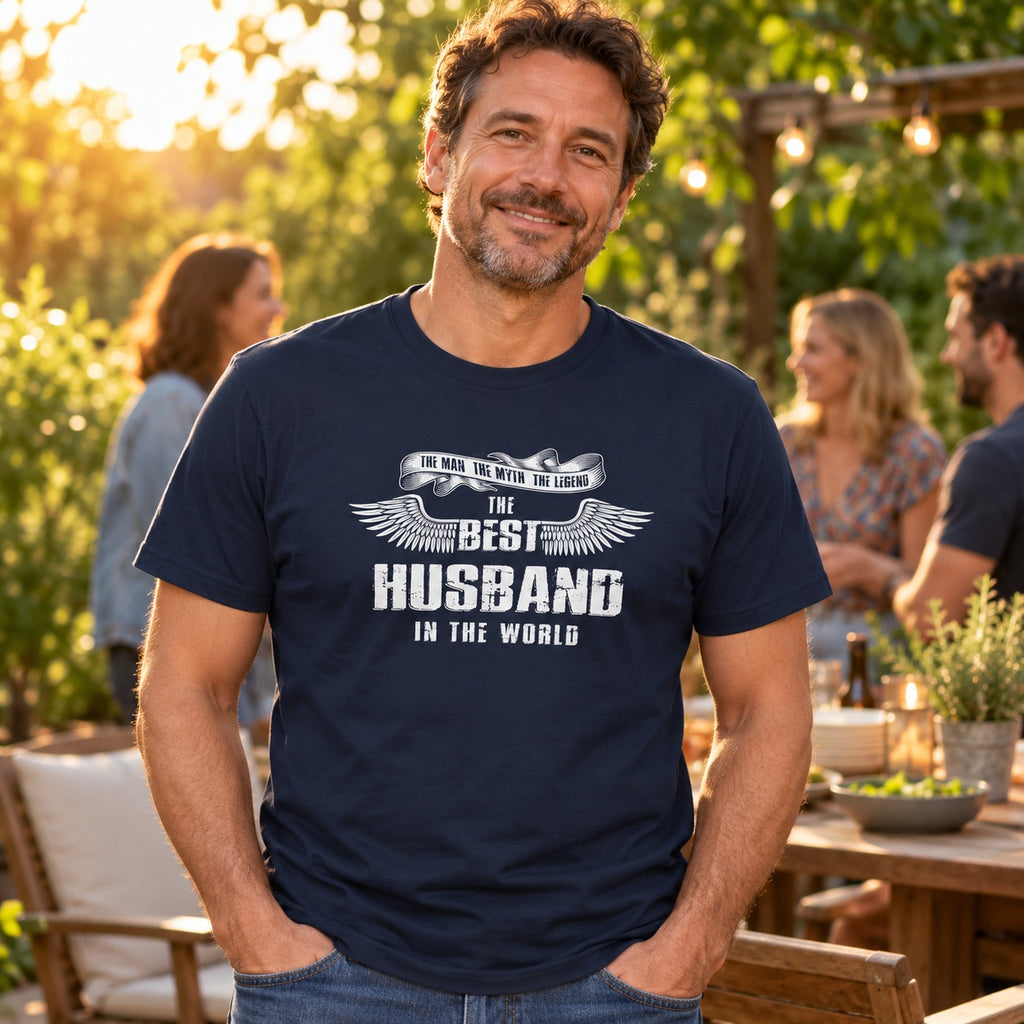The Best Husband In The World wings T-shirt in navy - man relaxing at an evening garden party with friends, wedding anniversary gift for husband