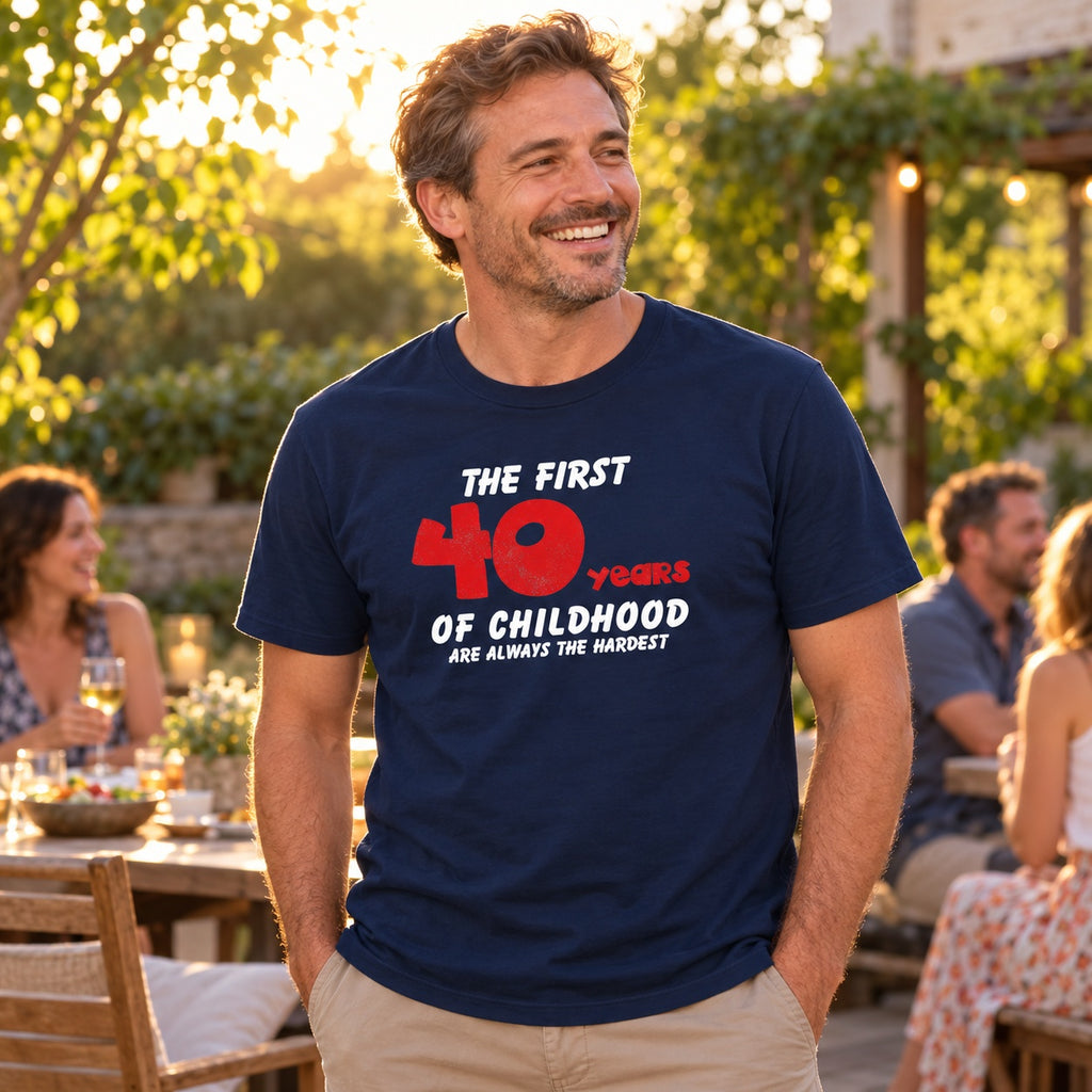 The First 40 Years of Childhood T-shirt in navy with a red 40 - man at an evening garden party with friends, funny 40th birthday shirt