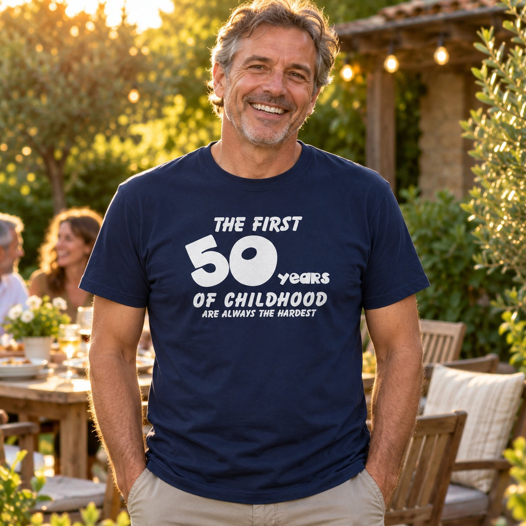 The First 50 Years of Childhood T-shirt in navy - man at an evening garden party with friends, funny 50th birthday shirt