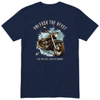 Navy Unleash the Beast motorcycle t-shirt - heavy vintage motorcycle on an ice-blue splash with sparkles, gift for a biker