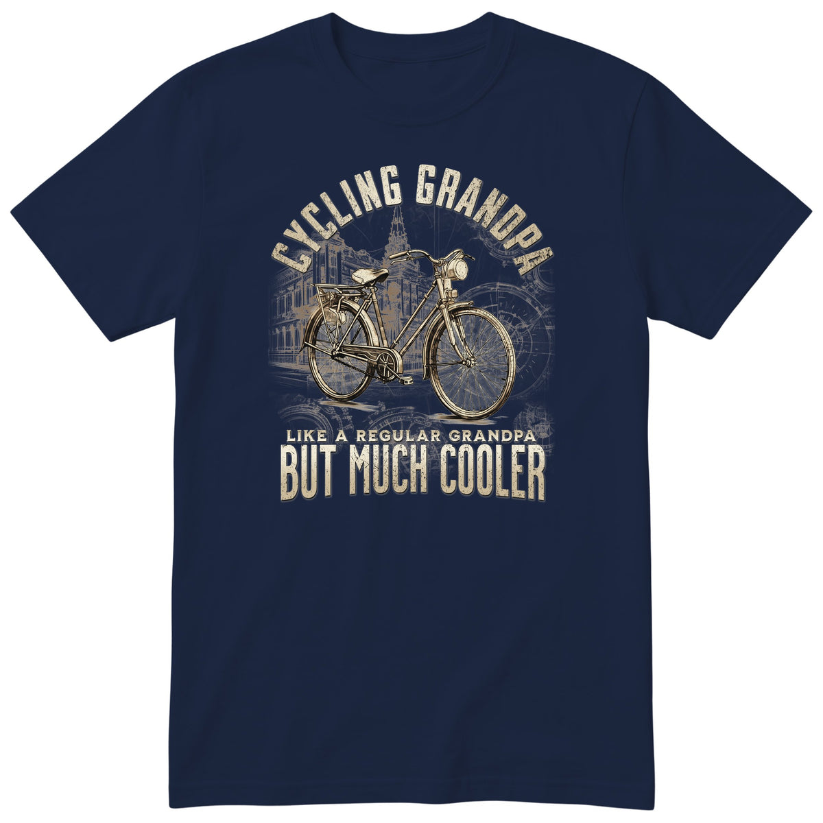 Navy Vintage Bike Cycling Grandpa Shirt t-shirt - old town bike with a front lamp and a rear rack, warm sepia tones, gift for grandpa