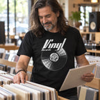 Vinyl Records t-shirt in black - long-haired man pulling a record from the racks in a record shop, gift for vinyl lovers