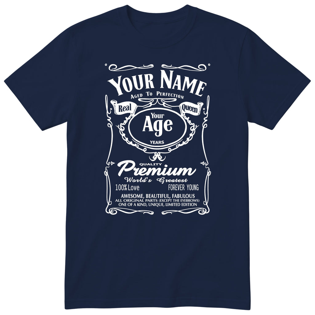 Navy unisex T-shirt with personalised Real Queen name and age retro label printed on the front