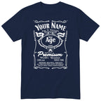 Navy unisex T-shirt with personalised Real Queen name and age retro label printed on the front