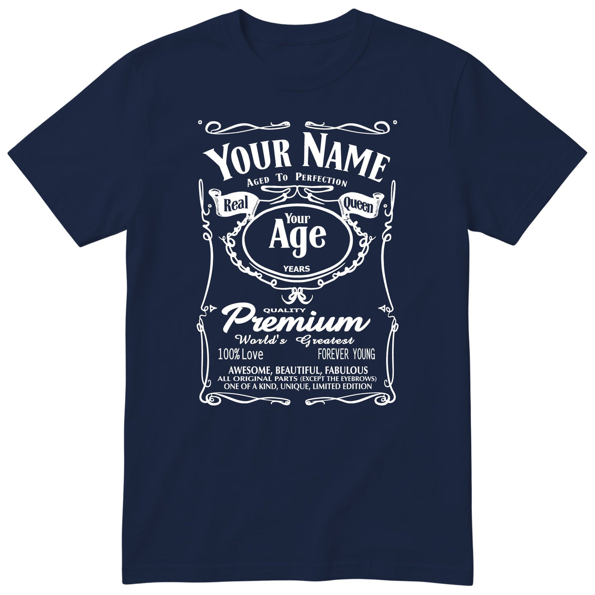 Navy unisex T-shirt with personalised Real Queen name and age retro label printed on the front