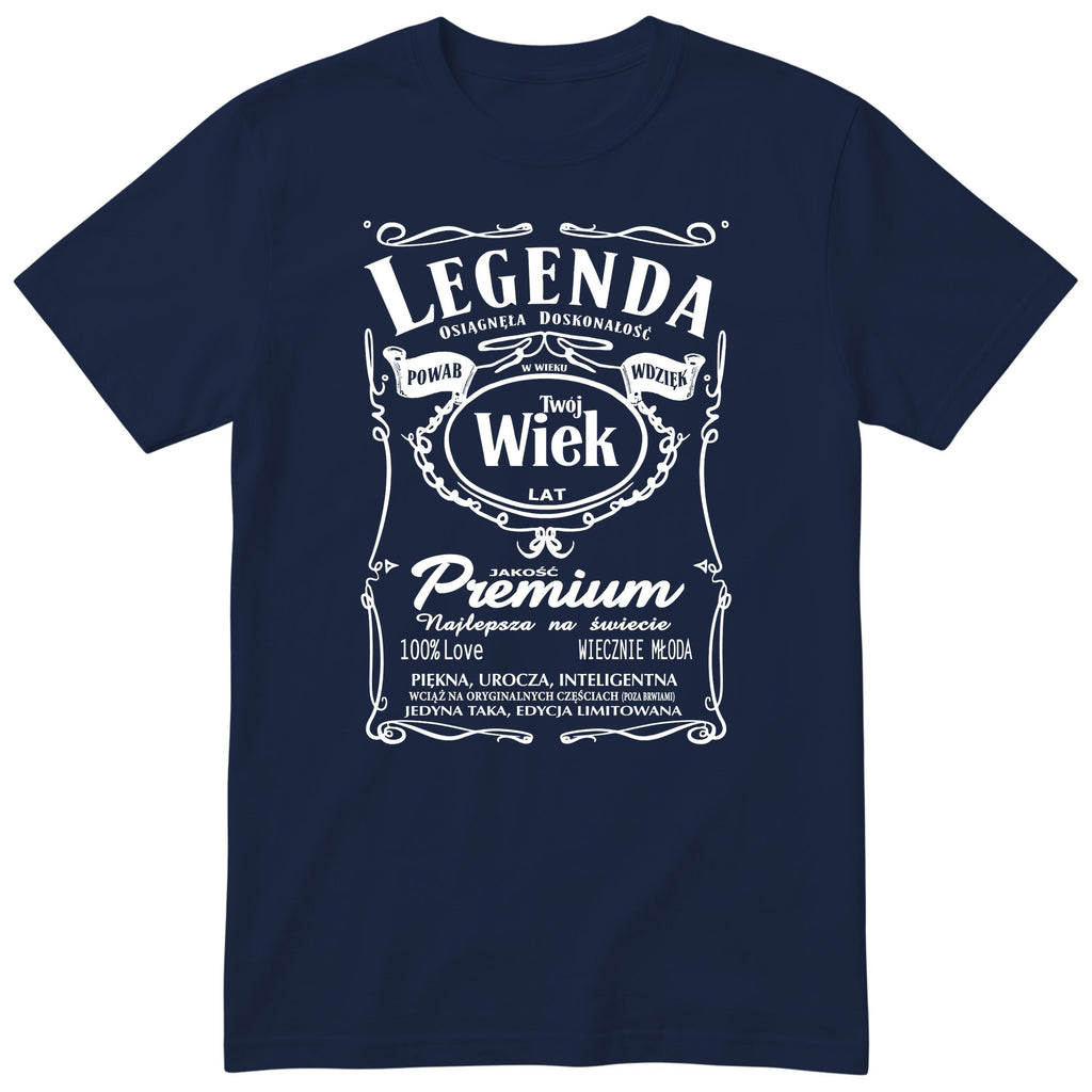 Granatowa personalizowana koszulka „Legenda Powab Wdzięk" z Twoim wiekiem - polski nadruk na urodziny