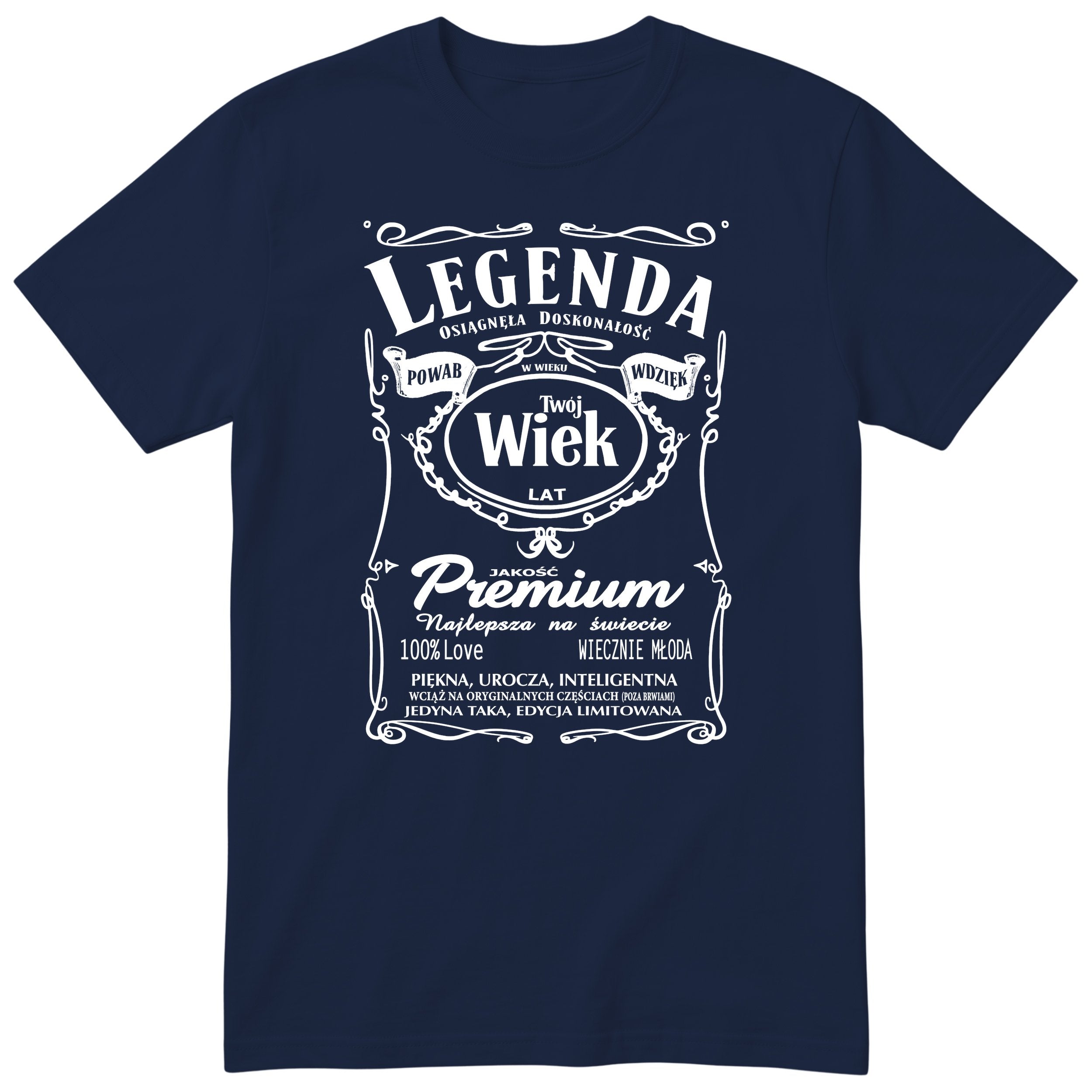 Granatowa personalizowana koszulka „Legenda Powab Wdzięk" z Twoim wiekiem - polski nadruk na urodziny