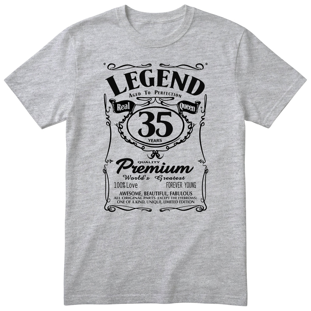 Legend Real Queen 35th birthday t-shirt for women in heather grey - Gildan 64000 vintage label