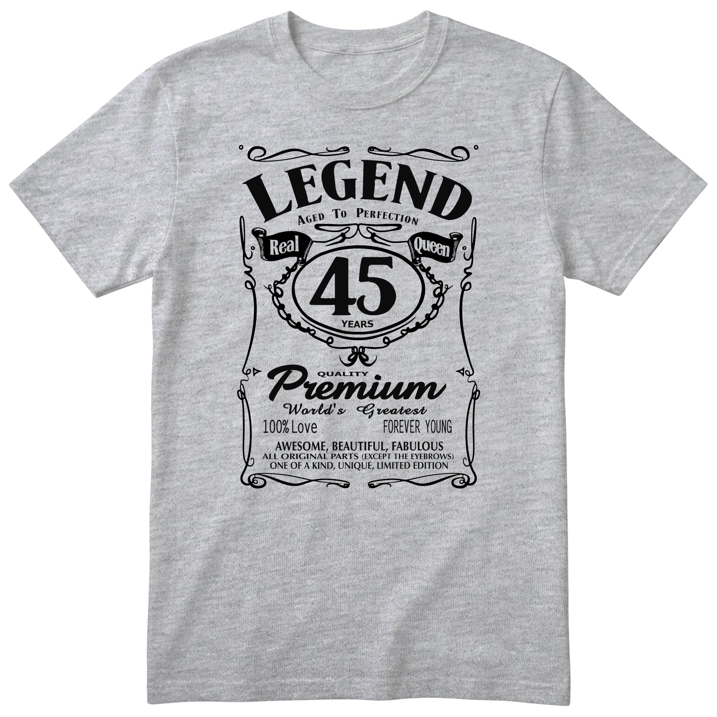 Legend Real Queen 45th birthday t-shirt for women in heather grey - Gildan 64000 vintage label