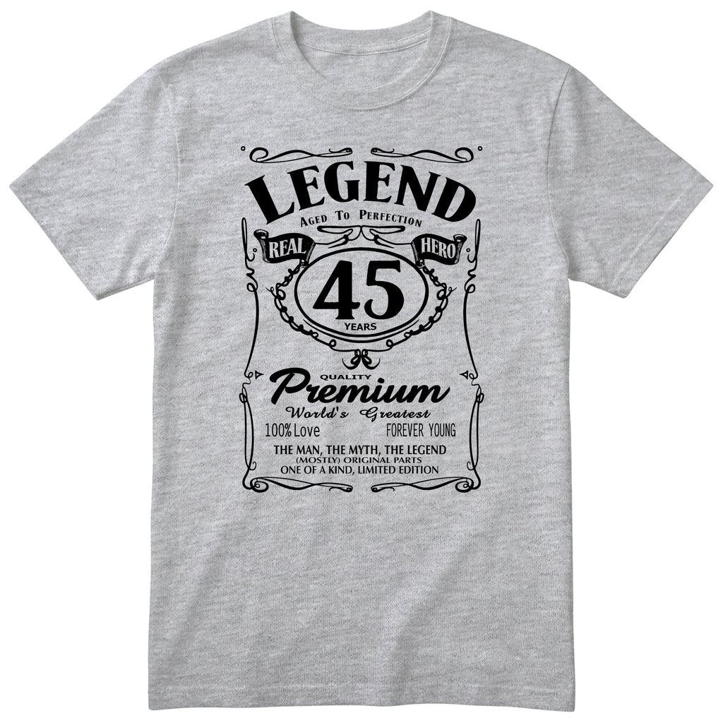 Legend 45th Birthday T-Shirt - Retro Label Gift for Him - Heather Grey