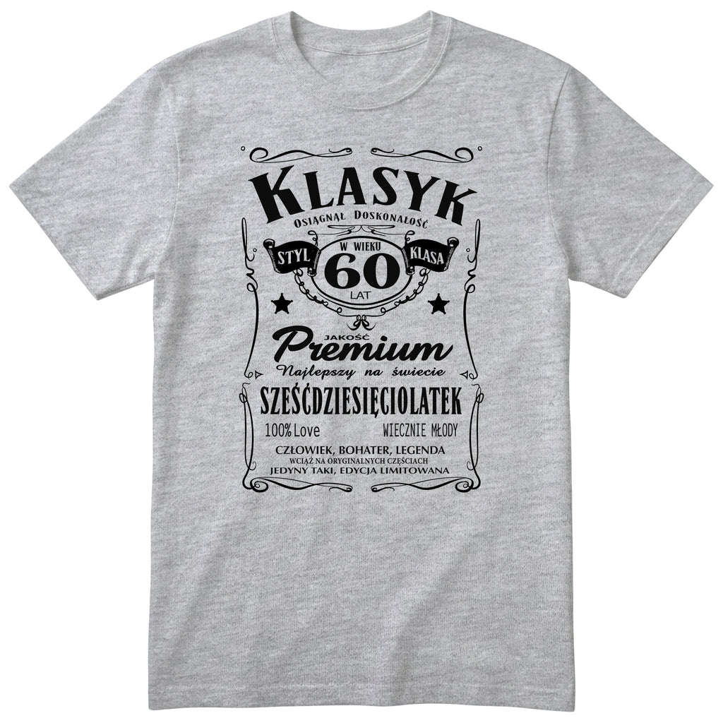Śmieszna polska koszulka urodzinowa na 60 lat dla mężczyzny - vintage label design Klasyk Człowiek Bohater Legenda
