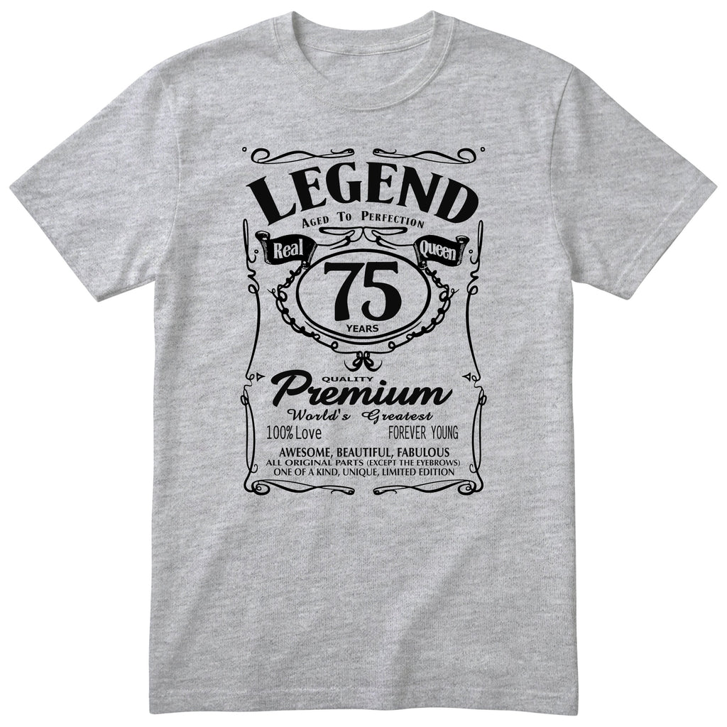 Legend Real Queen 75th birthday t-shirt for women in heather grey - Gildan 64000 vintage label