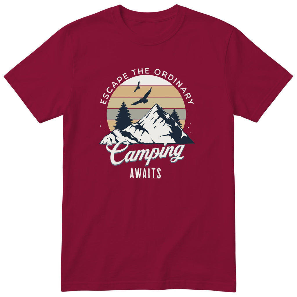 Burgundy Camping Awaits t-shirt - camping gift, unisex, English print