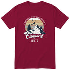 Burgundy Camping Awaits t-shirt - camping gift, unisex, English print