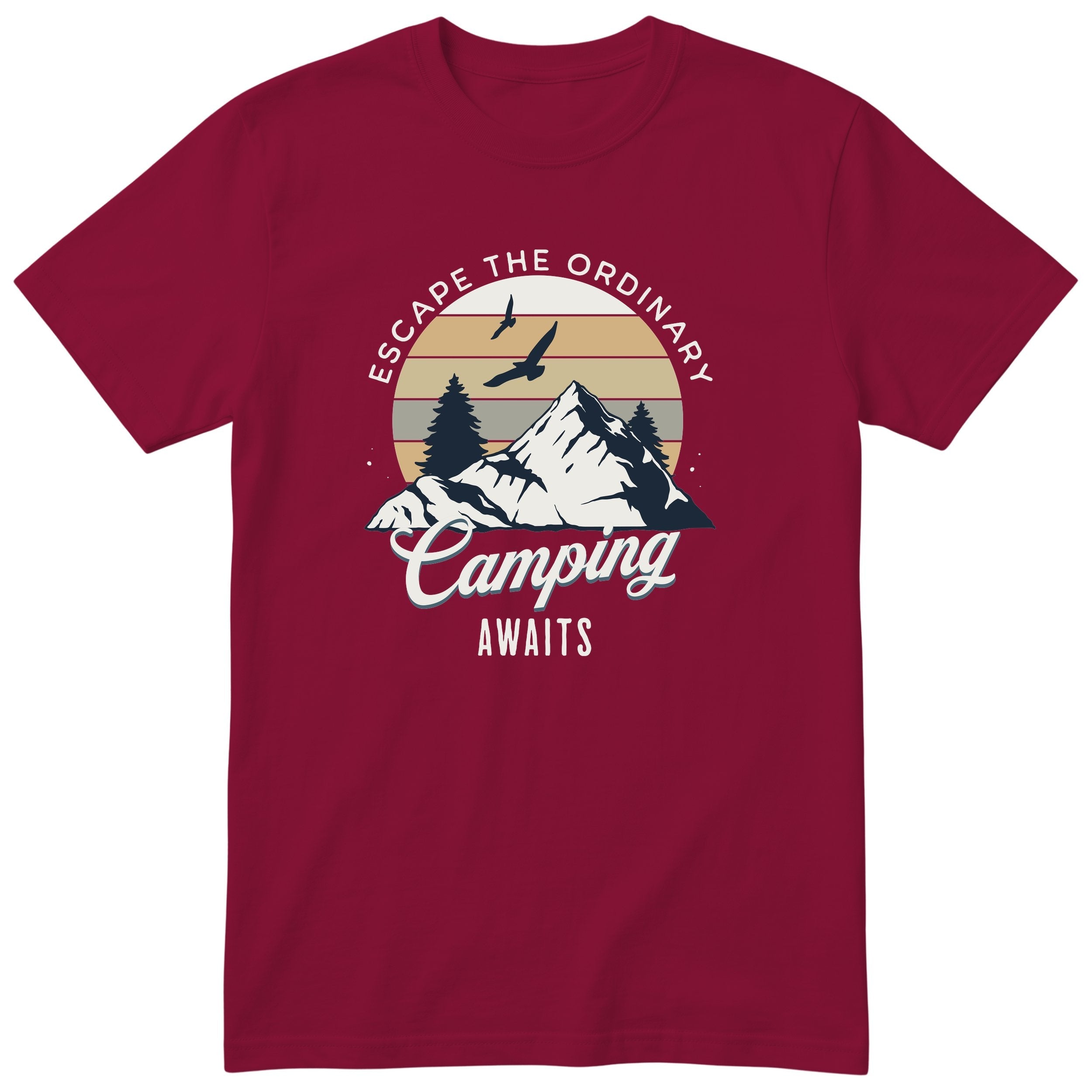 Burgundy Camping Awaits t-shirt - camping gift, unisex, English print