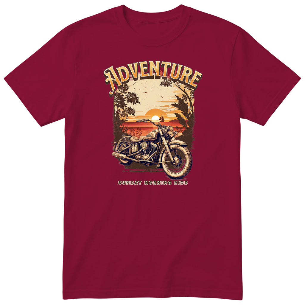 Burgundy Adventure Sunday Morning Ride motorcycle t-shirt - vintage motorcycle by the sea at sunrise, palm trees and birds, gift for a biker