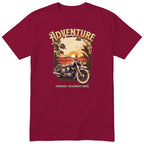 Burgundy Adventure Sunday Morning Ride motorcycle t-shirt - vintage motorcycle by the sea at sunrise, palm trees and birds, gift for a biker