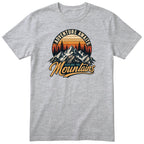 Heather Grey Adventure Awaits t-shirt - retro mountain hiking print, GitGraf