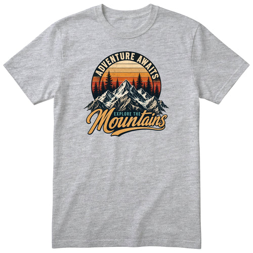 Heather Grey Adventure Awaits t-shirt - retro mountain hiking print, GitGraf