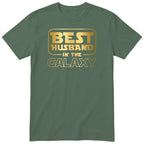 Olive Best Husband In The Galaxy t-shirt with gold space-age lettering - anniversary gift for husband from wife, English print