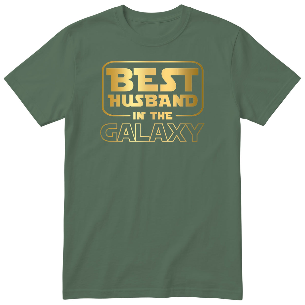 Olive Best Husband In The Galaxy t-shirt with gold space-age lettering - anniversary gift for husband from wife, English print