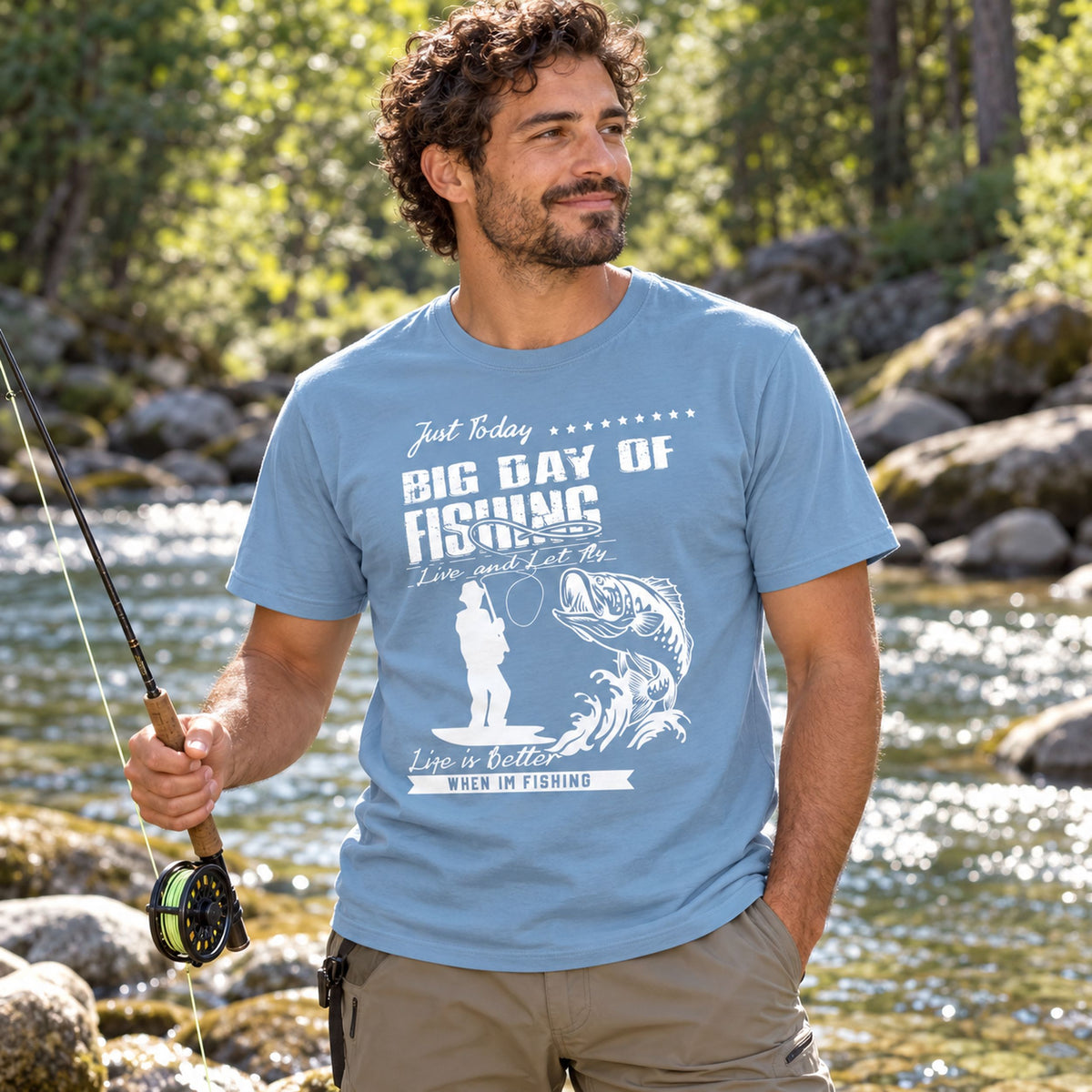 Big Day of Fishing t-shirt in white - man sitting by a tent at a campsite, gift for a fisherman