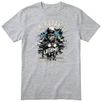 Heather Grey Biker Grandad Legend T-Shirt t-shirt - bearded biker in a helmet and sunglasses on a motorcycle, the word LEGEND and a blue paint splash, gift for grandad