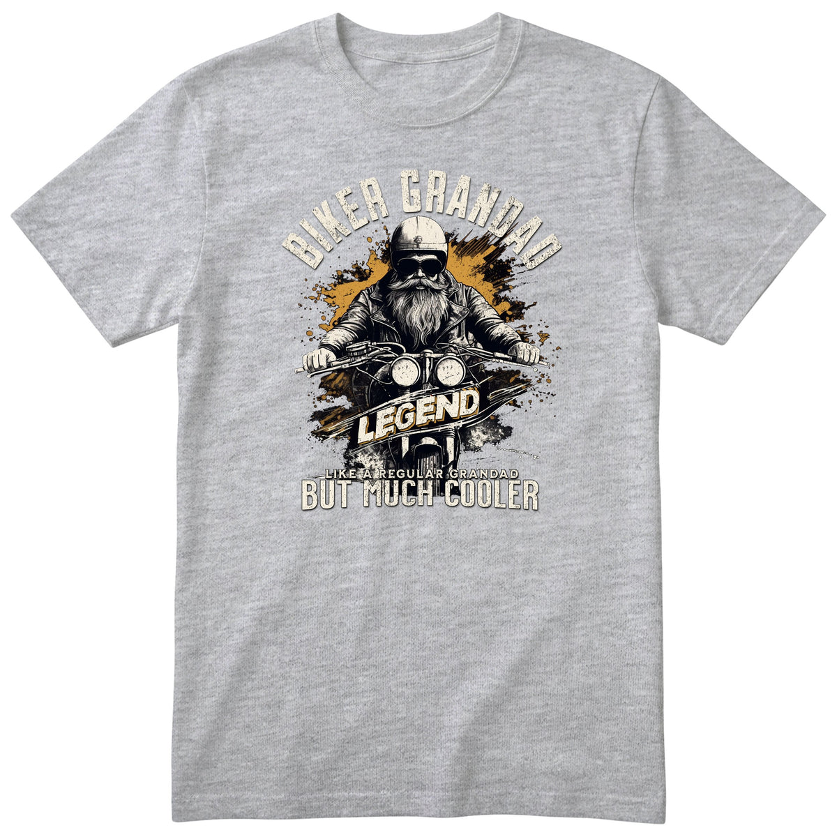 Heather Grey Biker Grandad Legend Shirt t-shirt - bearded biker in a helmet and sunglasses on a motorcycle, the word LEGEND and a orange paint splash, gift for grandad