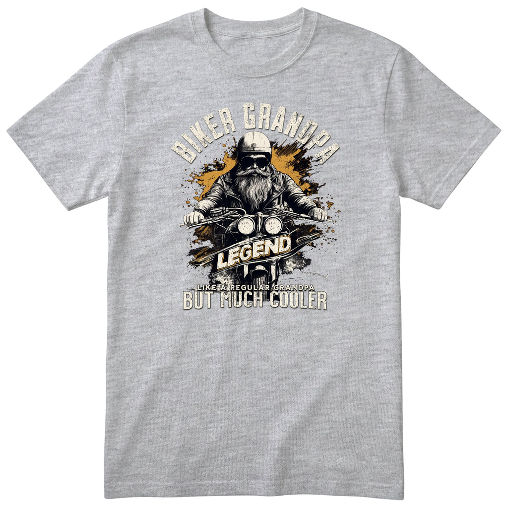 Heather Grey Biker Grandpa Legend Shirt t-shirt - bearded biker in a helmet and sunglasses on a motorcycle, the word LEGEND and a orange paint splash, gift for grandpa