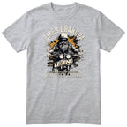 Heather Grey Biker Grandpa Legend Shirt t-shirt - bearded biker in a helmet and sunglasses on a motorcycle, the word LEGEND and a orange paint splash, gift for grandpa