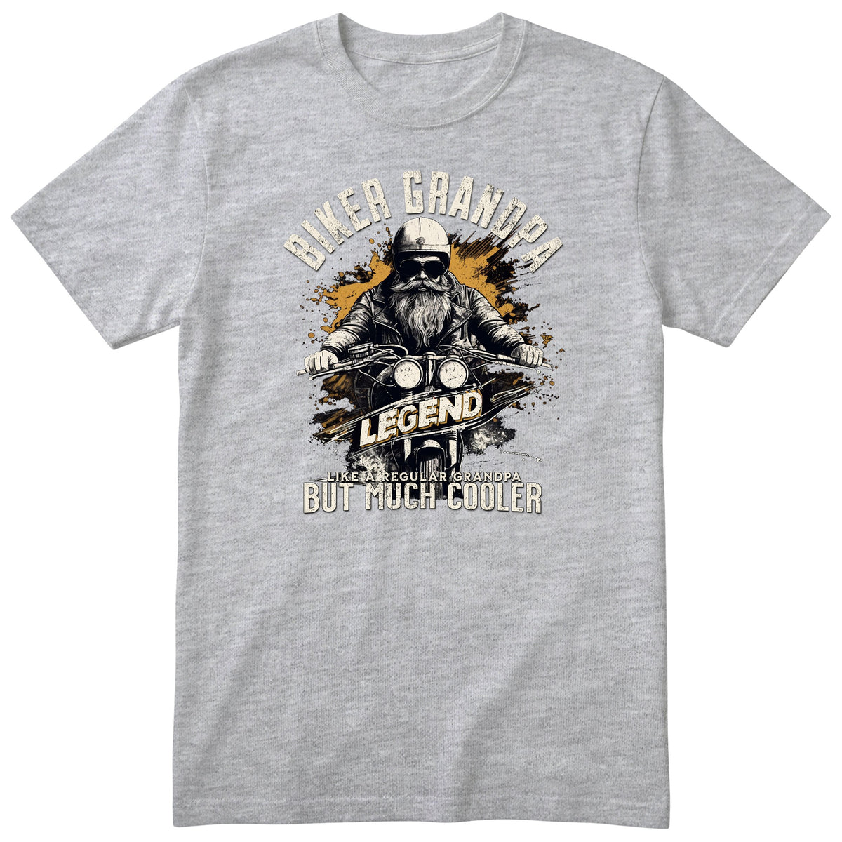Heather Grey Biker Grandpa Legend Shirt t-shirt - bearded biker in a helmet and sunglasses on a motorcycle, the word LEGEND and a orange paint splash, gift for grandpa