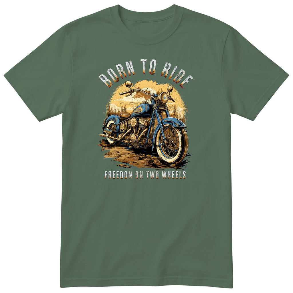 Olive Born to Ride motorcycle t-shirt - blue vintage motorcycle on a dirt track with a forest sunset behind, gift for a biker