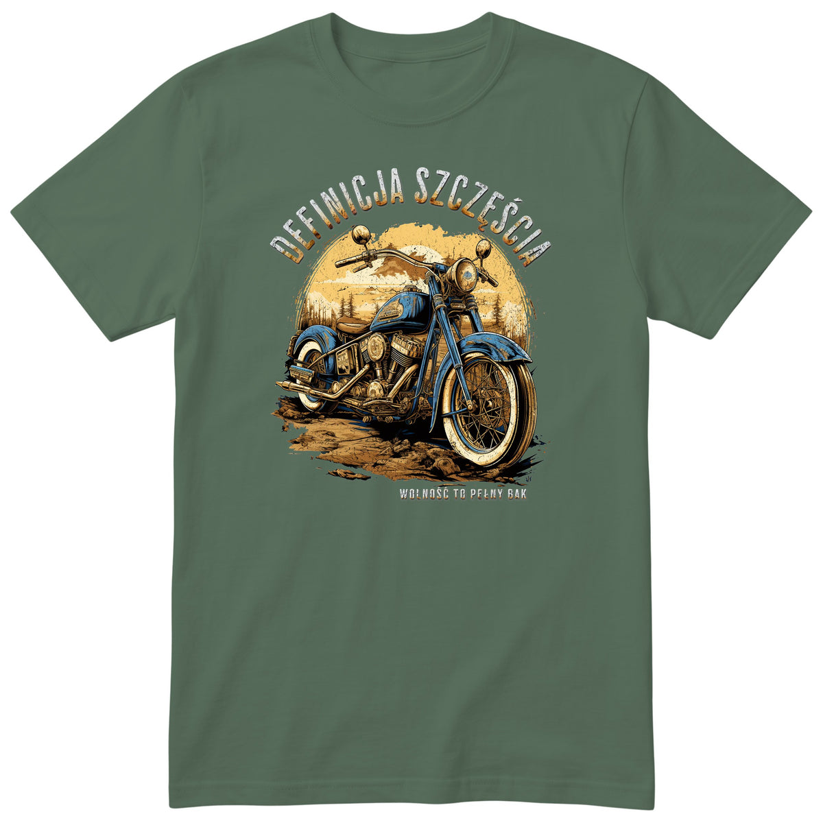 Oliwkowa koszulka motocyklowa „Definicja Szczęścia” - niebieski motocykl vintage na polnej drodze w złotym zachodzie słońca, polski nadruk