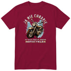 Bordowa koszulka motocyklowa „Ja Nie Chrapię” - rdzawy motocykl vintage na błękitnej plamie z zaciekami, złote litery, polski nadruk