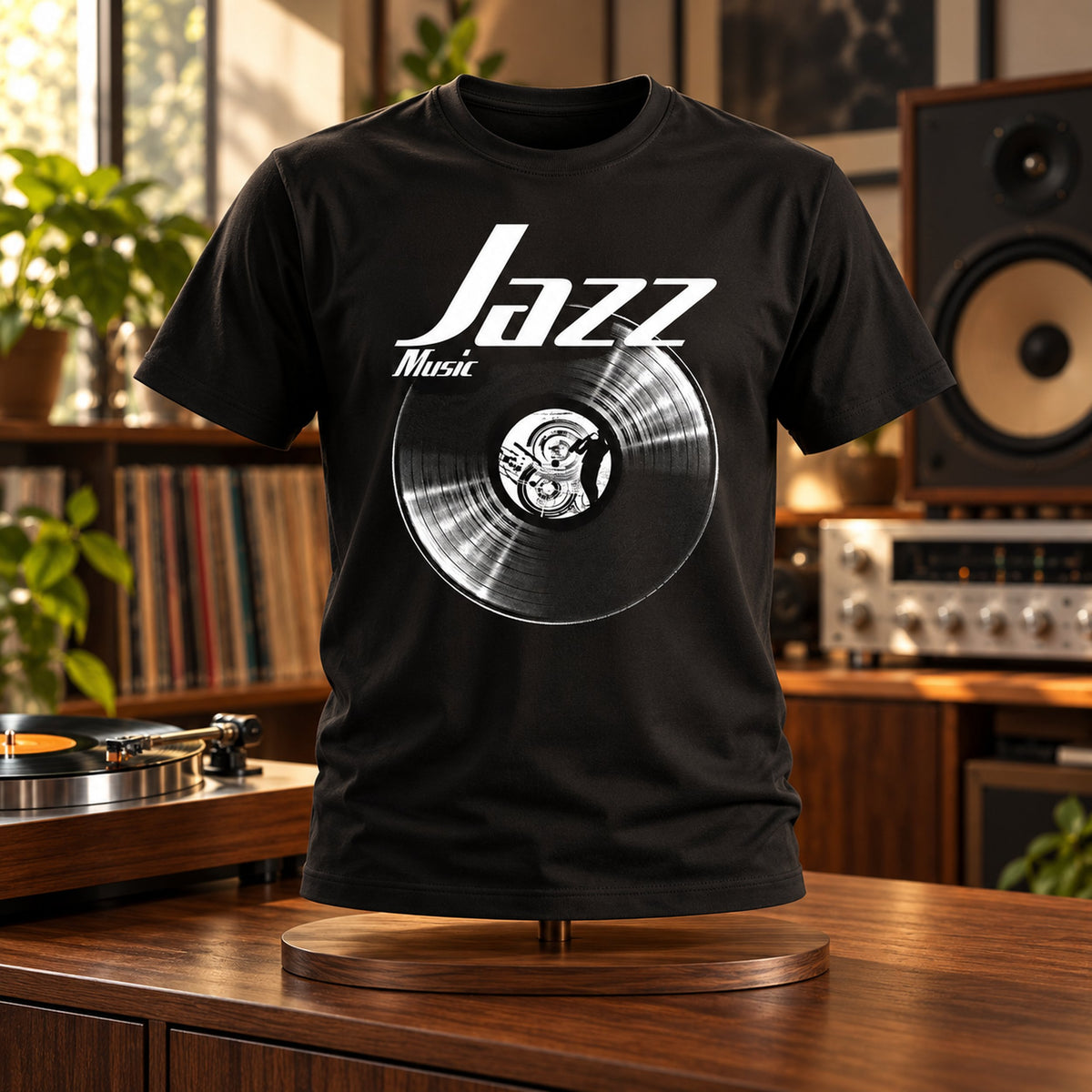 Jazz Music Vinyl Records t-shirt in black shown on a stand by a home hi-fi and turntable, gift for jazz lovers