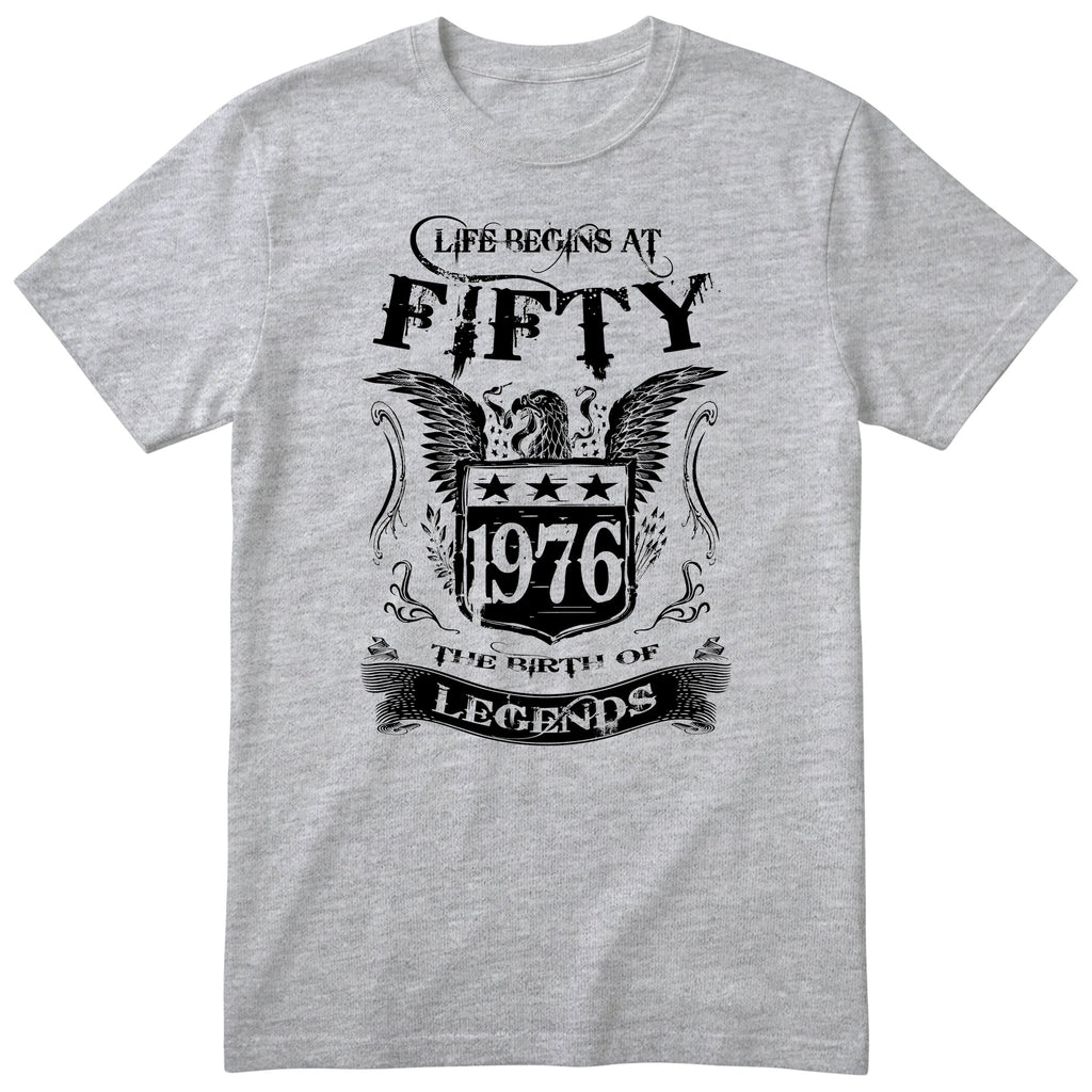 Heather Grey Life Begins At Fifty t-shirt - 50th birthday gift for him with an eagle crest