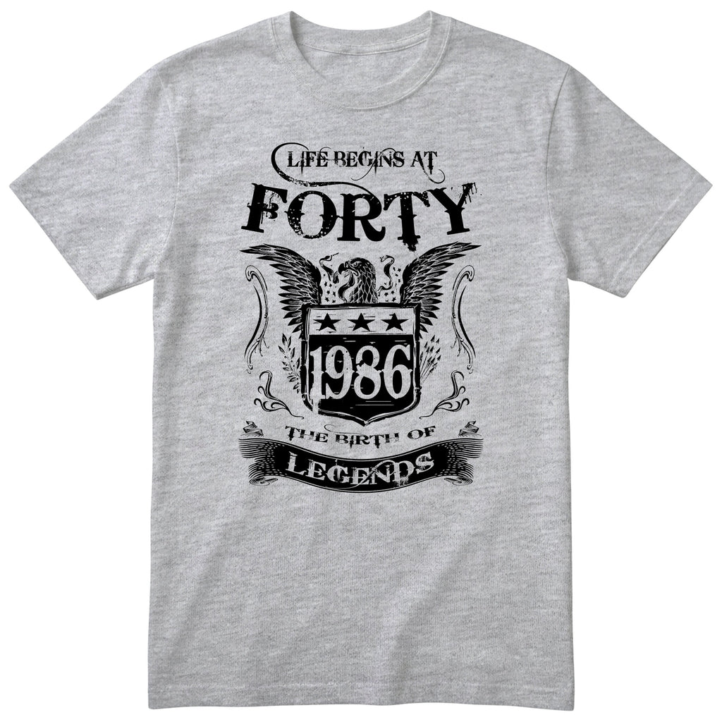 Heather Grey Life Begins At Forty t-shirt - 40th birthday gift for him with an eagle crest