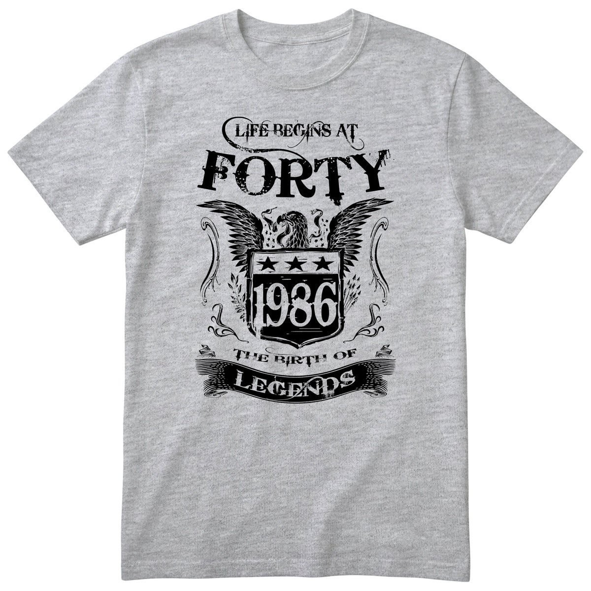 Heather Grey Life Begins At Forty t-shirt - 40th birthday gift for him with an eagle crest