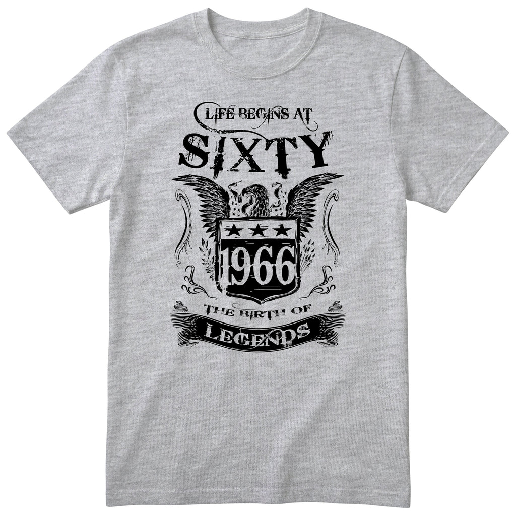 Heather Grey Life Begins At Sixty t-shirt - 60th birthday gift for him with an eagle crest