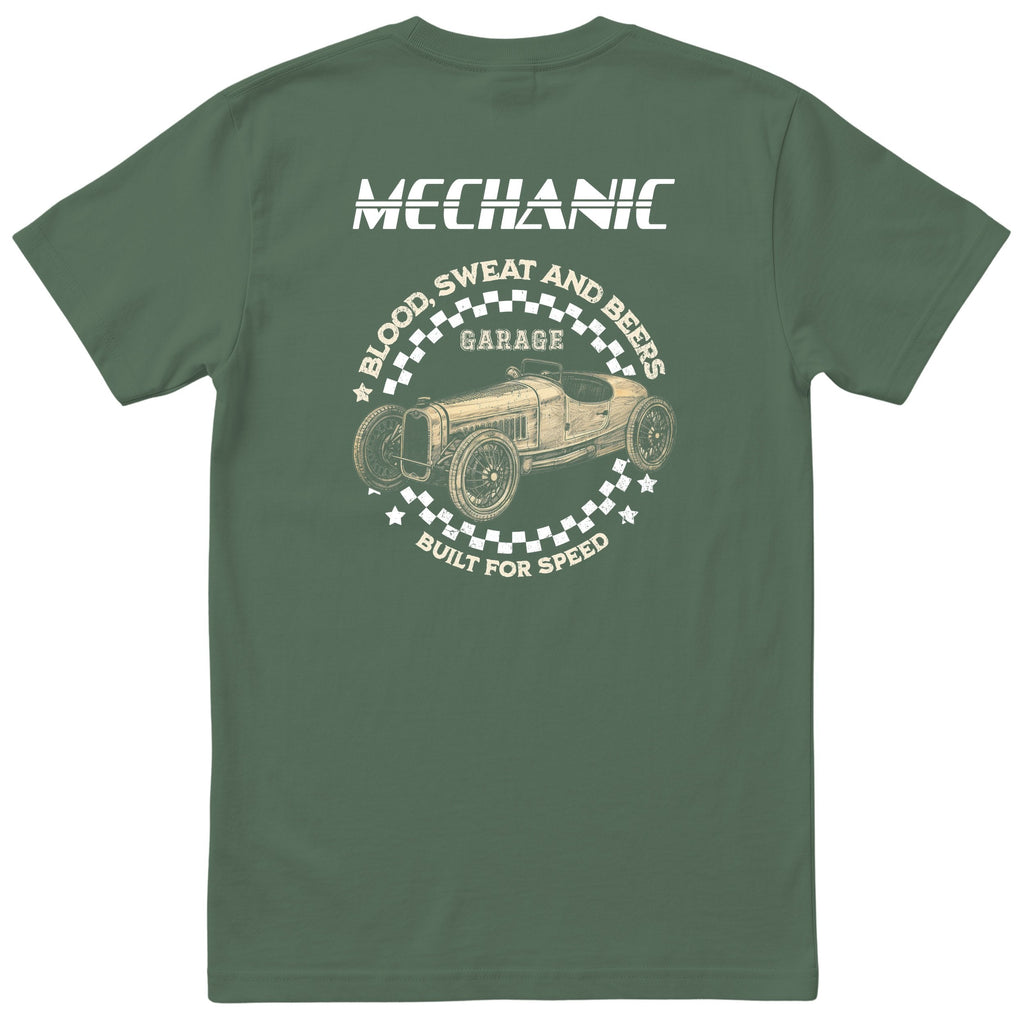 Mechanic Blood Sweat and Beers Garage tee olive back