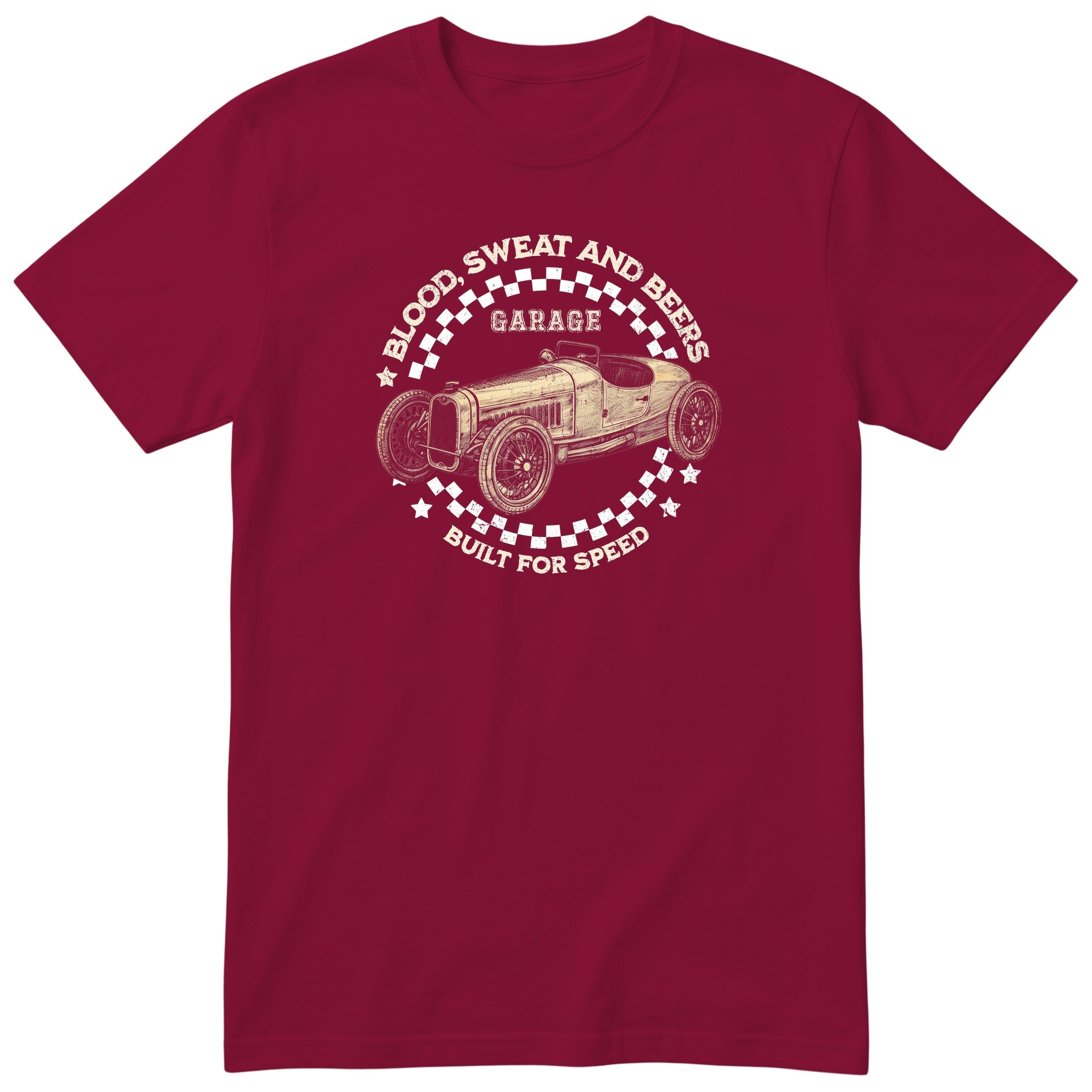 Blood Sweat and Beers Garage tee burgundy front