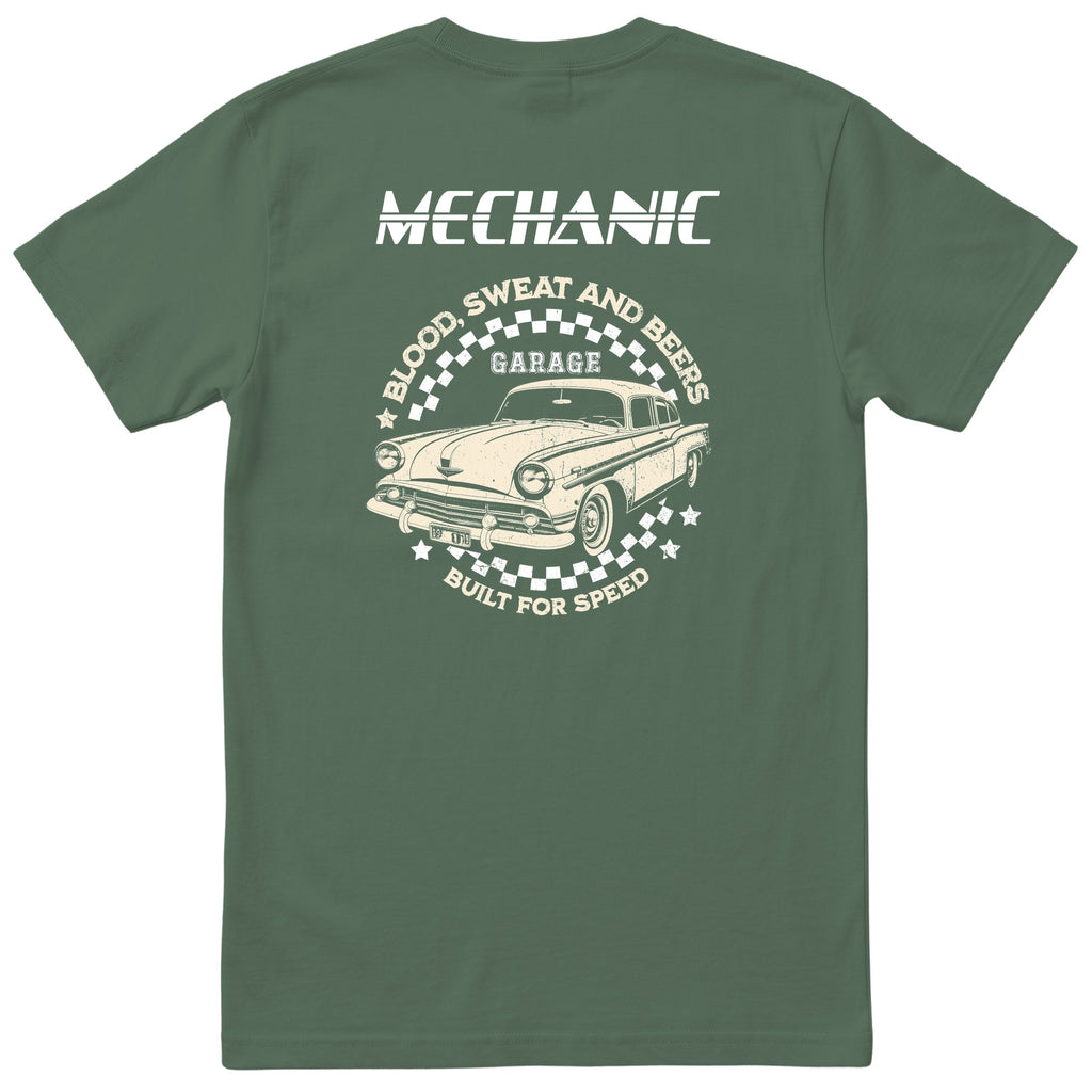 Mechanic Built for Speed garage tee olive back