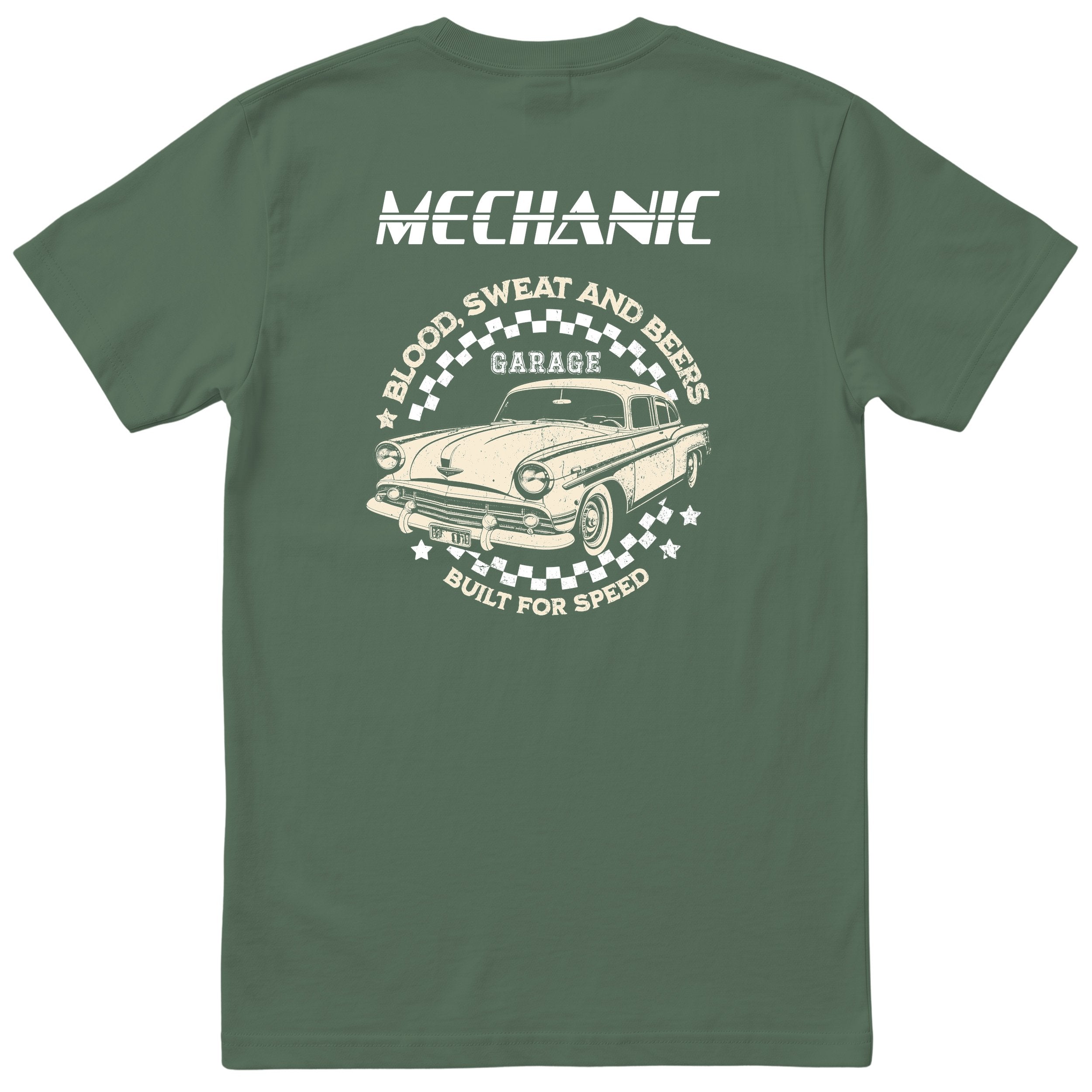 Mechanic Built for Speed garage tee olive back